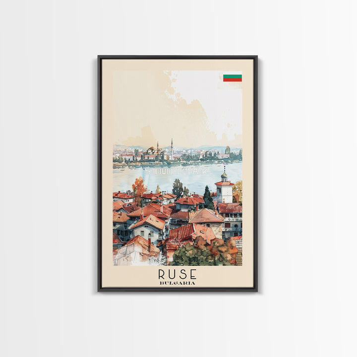 Ruse Bulgaria Travel Poster Framed Canvas Print, Watercolor Painting, Scenic Wall Art, Home Decor, Bulgarian Landscape, Classic Art