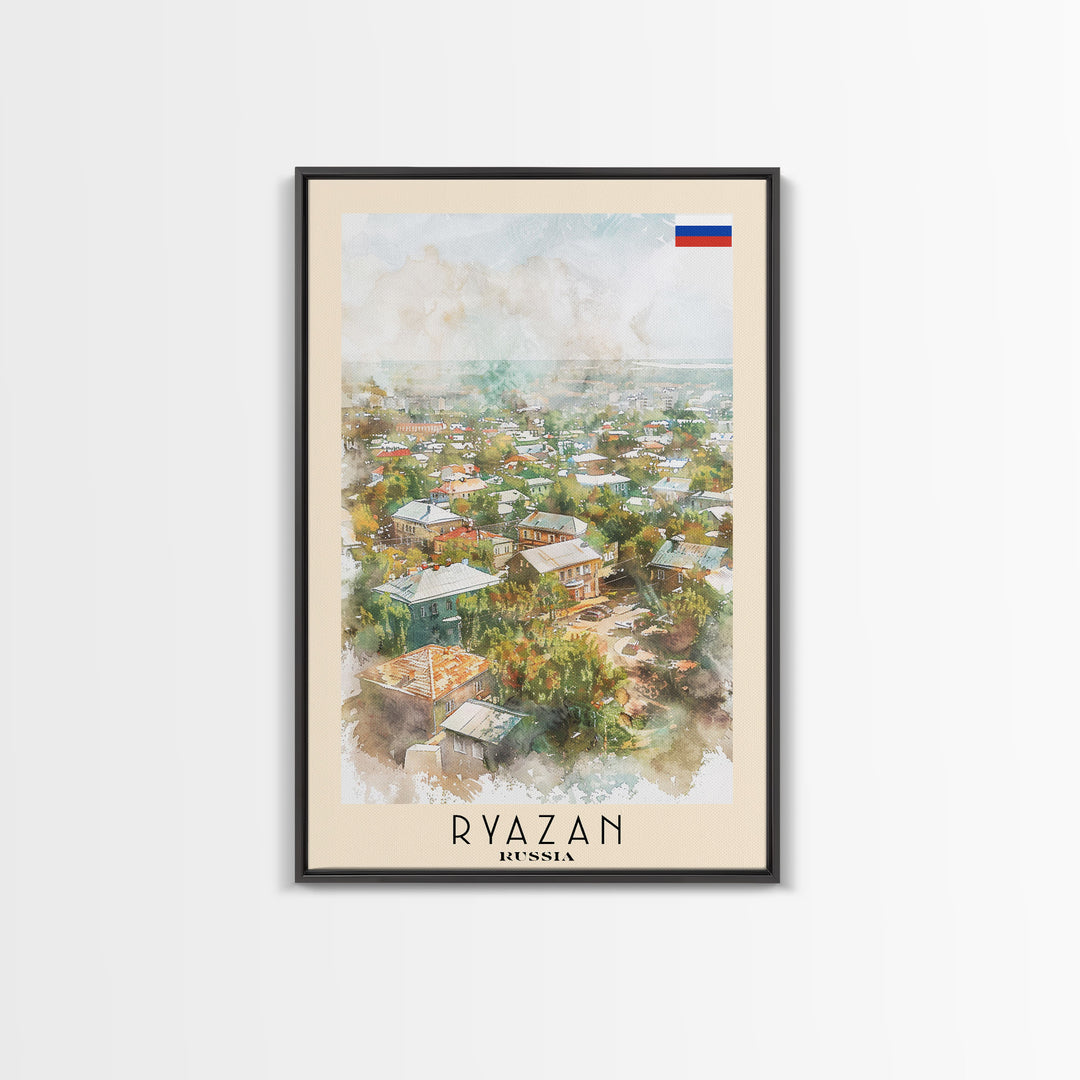 Ryazan Russia Travel Poster Framed Canvas Print, Watercolor Painting, Scenic Wall Art, Home Decor, Russian Cityscape, Modern Art
