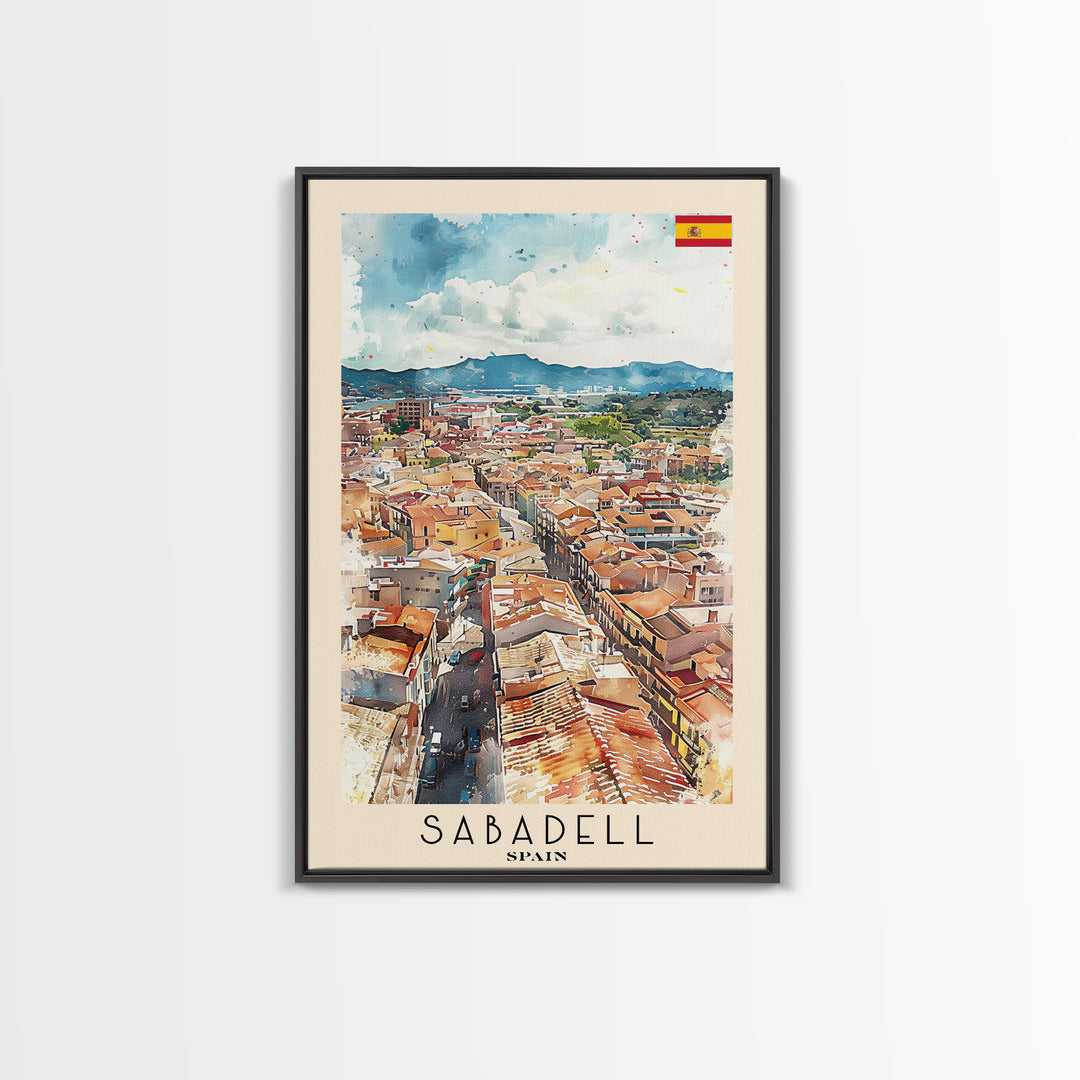 Sabadell Spain Travel Poster Framed Canvas Print, Watercolor Painting, Scenic Wall Art, Home Decor, Spanish Landscape, Artistic Art
