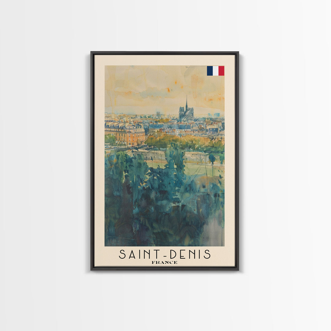 Saint Denis France Travel Poster Framed Canvas Print, Watercolor Painting, Historic Wall Art, Home Decor, French Cityscape, Vibrant Art