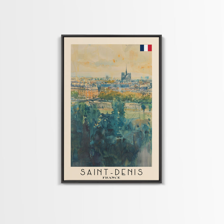 Saint Denis France Travel Poster Framed Canvas Print, Watercolor Painting, Historic Wall Art, Home Decor, French Cityscape, Vibrant Art