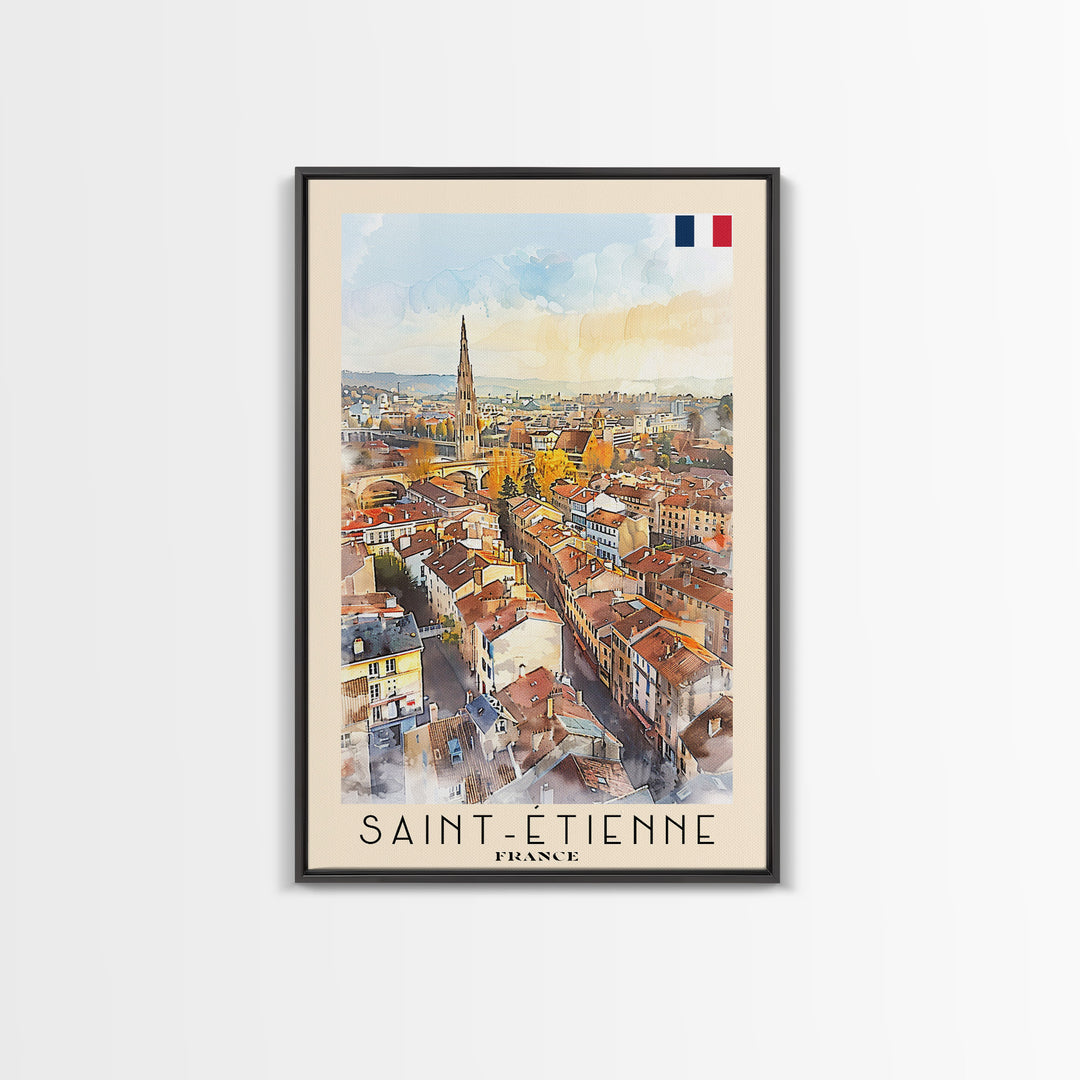Saint Etienne France Travel Poster Framed Canvas Print, Watercolor Painting, Scenic Wall Art, Home Decor, French Cityscape, Classic Art
