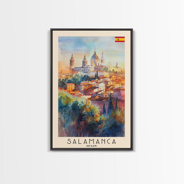Salamanca Spain Travel Poster Framed Canvas Print, Watercolor Painting, Scenic Wall Art, Home Decor, Spanish Cityscape, Artistic Decor