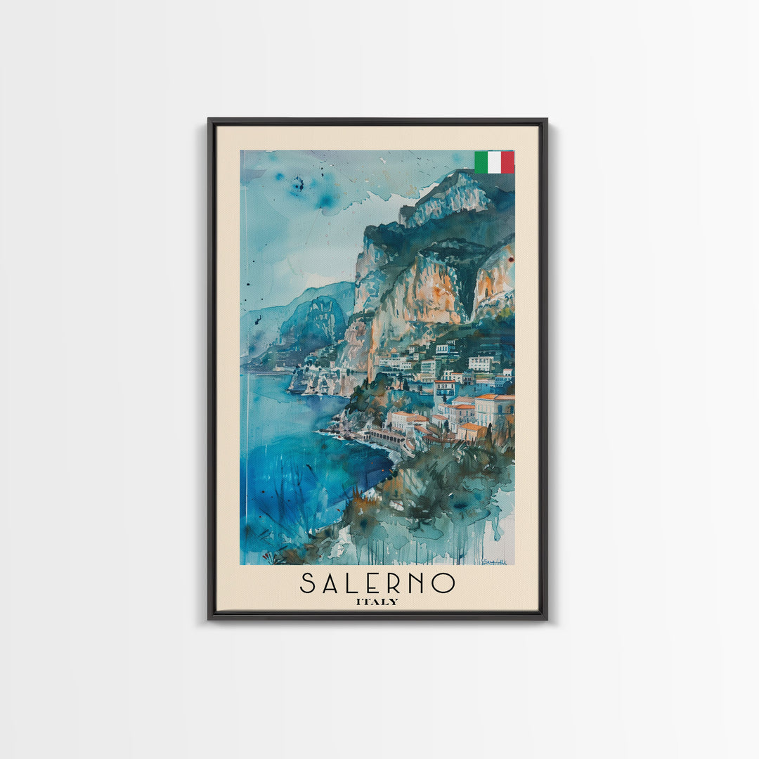 Salerno Italy Travel Poster Framed Canvas Print, Watercolor Painting, Coastal Wall Art, Home Decor, Italian Seaside, Modern Art
