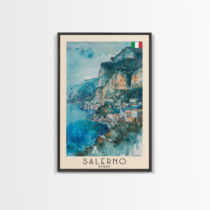 Salerno Italy Travel Poster Framed Canvas Print, Watercolor Painting, Coastal Wall Art, Home Decor, Italian Seaside, Modern Art