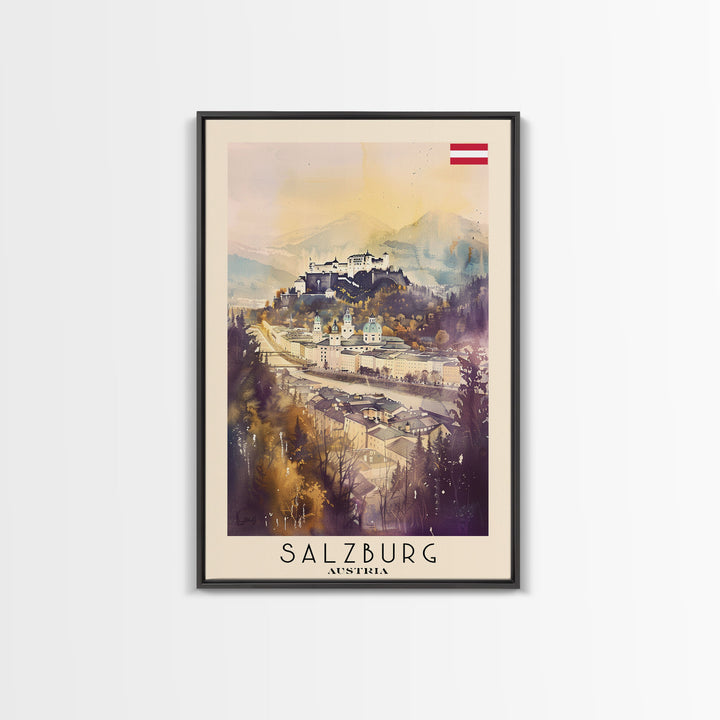 Salzburg Austria Travel Poster Framed Canvas Print, Watercolor Painting, Historic Wall Art, Home Decor, Austrian Architecture, Classic Decor