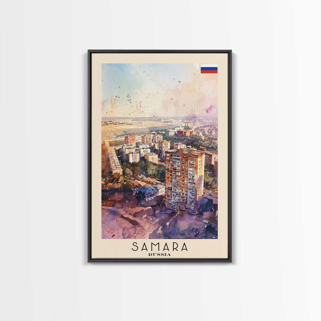 Samara Russia Travel Poster Framed Canvas Print, Watercolor Painting, Scenic Wall Art, Home Decor, Russian Landscape, Vibrant Decor