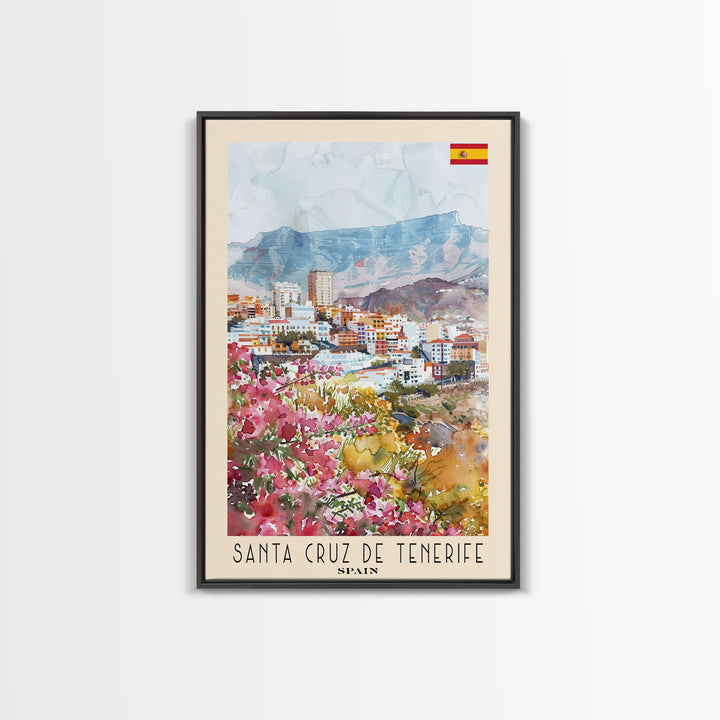 Santa Cruz de Tenerife Spain Travel Poster Framed Canvas Print, Watercolor Painting, Scenic Wall Art, Home Decor, Spanish Landscape, Modern Art