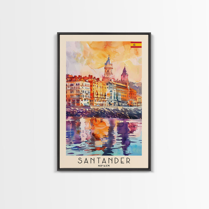 Santander Spain Travel Poster Framed Canvas Print, Watercolor Painting, Coastal Wall Art, Home Decor, Spanish Seaside, Vibrant Art