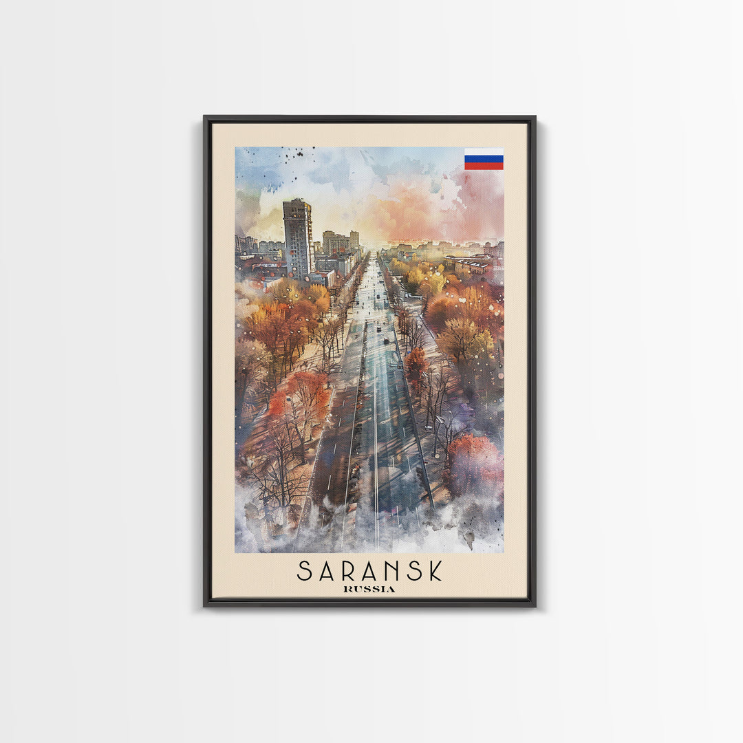 Saransk Russia Travel Poster Framed Canvas Print, Watercolor Painting, Urban Wall Art, Home Decor, Russian Cityscape, Modern Decor