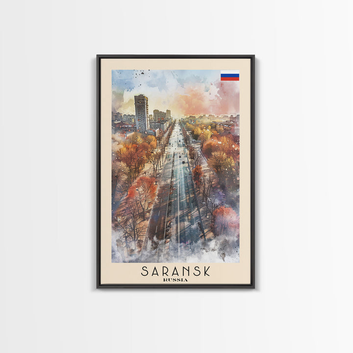 Saransk Russia Travel Poster Framed Canvas Print, Watercolor Painting, Urban Wall Art, Home Decor, Russian Cityscape, Modern Decor