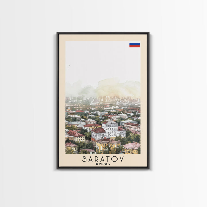 Saratov Russia Travel Poster Framed Canvas Print, Watercolor Painting, Scenic Wall Art, Home Decor, Russian Landscape, Vibrant Decor