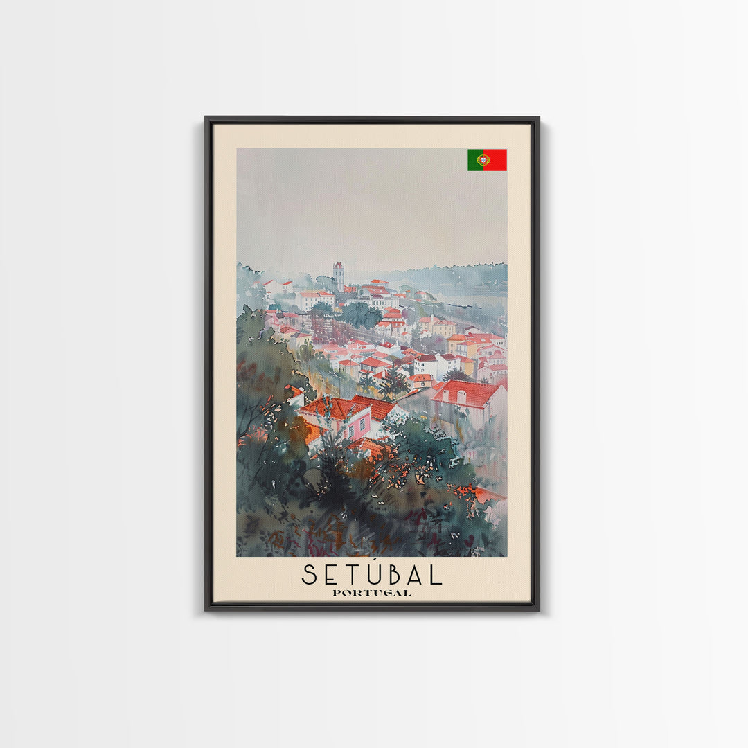 Setubal Portugal Travel Poster Framed Canvas Print, Watercolor Painting, Coastal Wall Art, Home Decor, Portuguese Seaside, Artistic Art