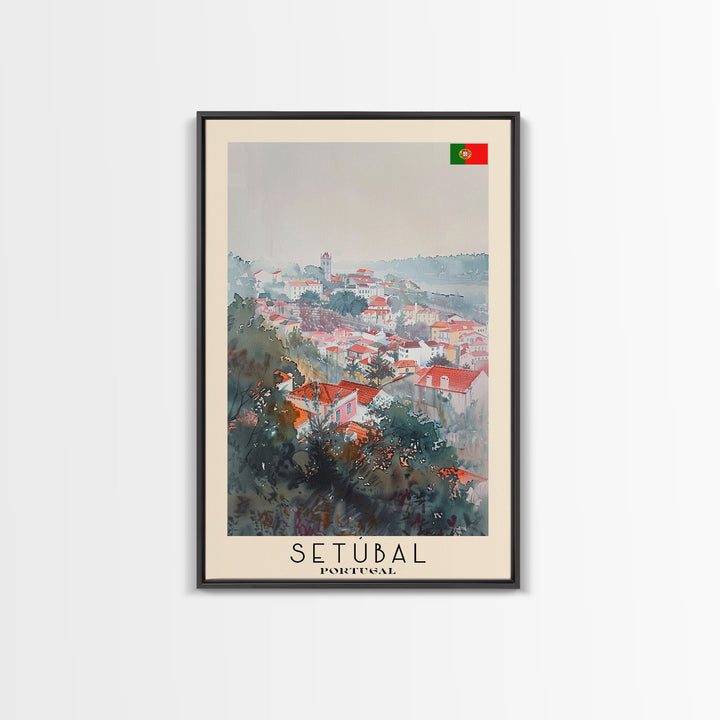 Setubal Portugal Travel Poster Framed Canvas Print, Watercolor Painting, Coastal Wall Art, Home Decor, Portuguese Seaside, Artistic Art