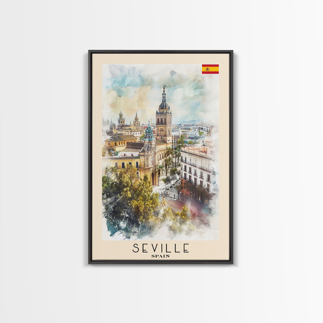 Seville Spain Travel Poster Framed Canvas Print, Watercolor Painting, Historic Wall Art, Home Decor, Spanish Architecture, Vibrant Decor