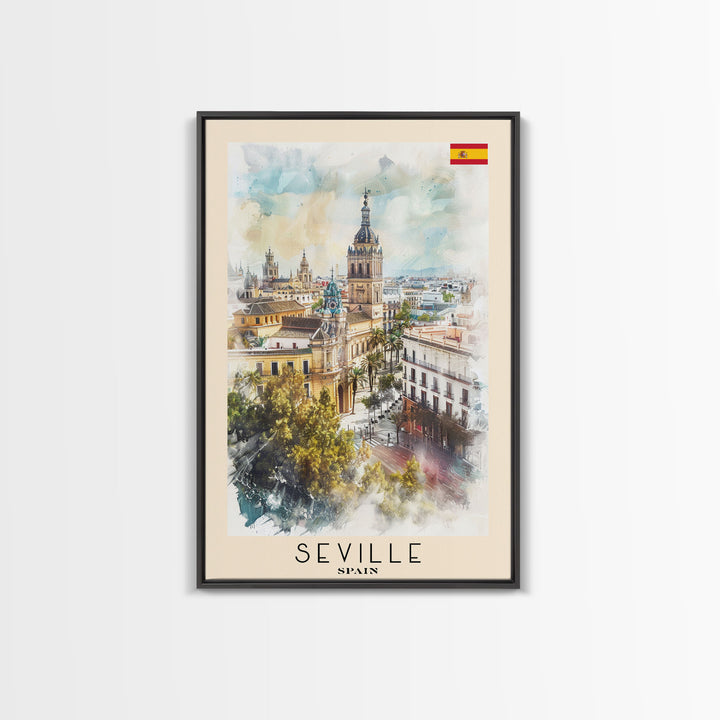 Seville Spain Travel Poster Framed Canvas Print, Watercolor Painting, Historic Wall Art, Home Decor, Spanish Architecture, Vibrant Decor