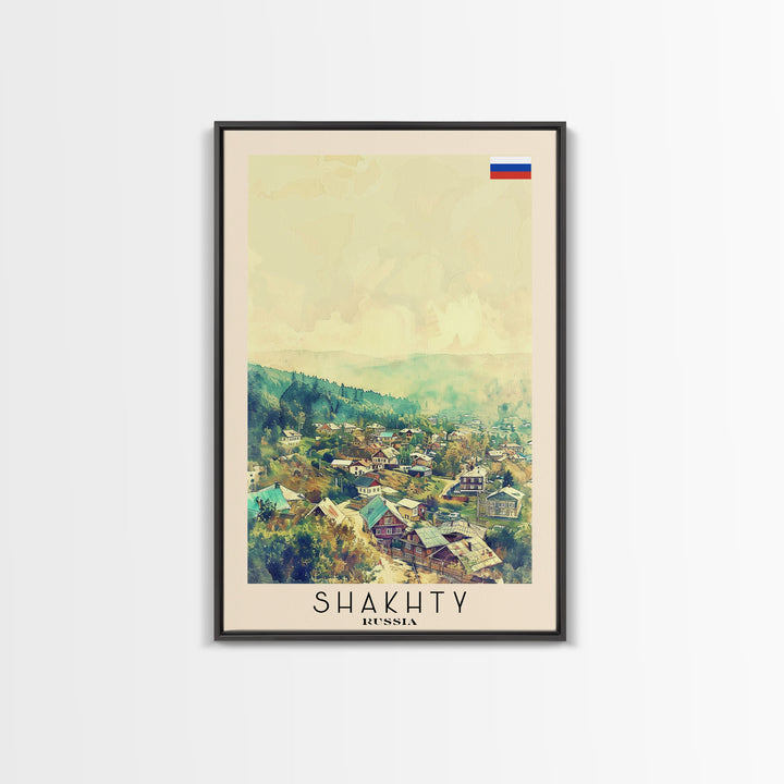 Shakhty Russia Travel Poster Framed Canvas Print, Watercolor Painting, Urban Wall Art, Home Decor, Russian Cityscape, Modern Art