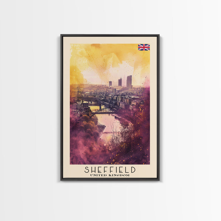 Sheffield United Kingdom Travel Poster Framed Canvas Print, Watercolor Painting, Urban Wall Art, Home Decor, British Cityscape, Artistic Decor