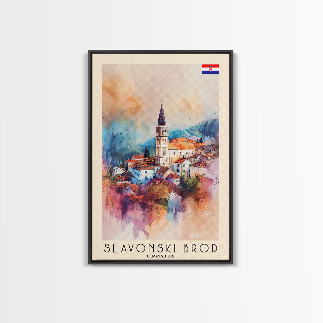 Slavonski Brod Croatia Travel Poster Framed Canvas Print, Watercolor Painting, Scenic Wall Art, Home Decor, Croatian Cityscape, Classic Art
