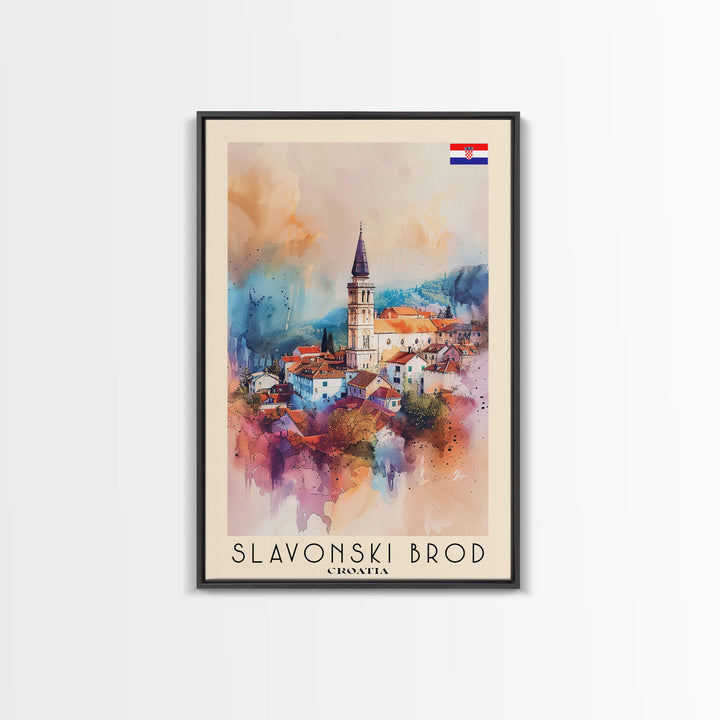 Slavonski Brod Croatia Travel Poster Framed Canvas Print, Watercolor Painting, Scenic Wall Art, Home Decor, Croatian Cityscape, Classic Art
