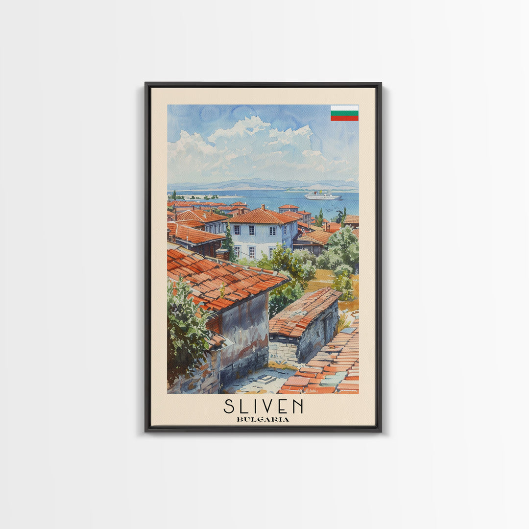 Sliven Bulgaria Travel Poster Framed Canvas Print, Watercolor Painting, Scenic Wall Art, Home Decor, Bulgarian Landscape, Artistic Decor