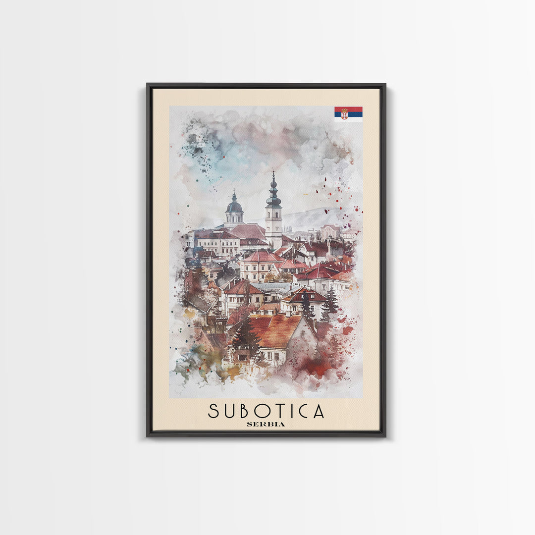 Subotica Serbia Travel Poster Framed Canvas Print, Watercolor Painting, Scenic Wall Art, Home Decor, Serbian Landscape, Vibrant Decor