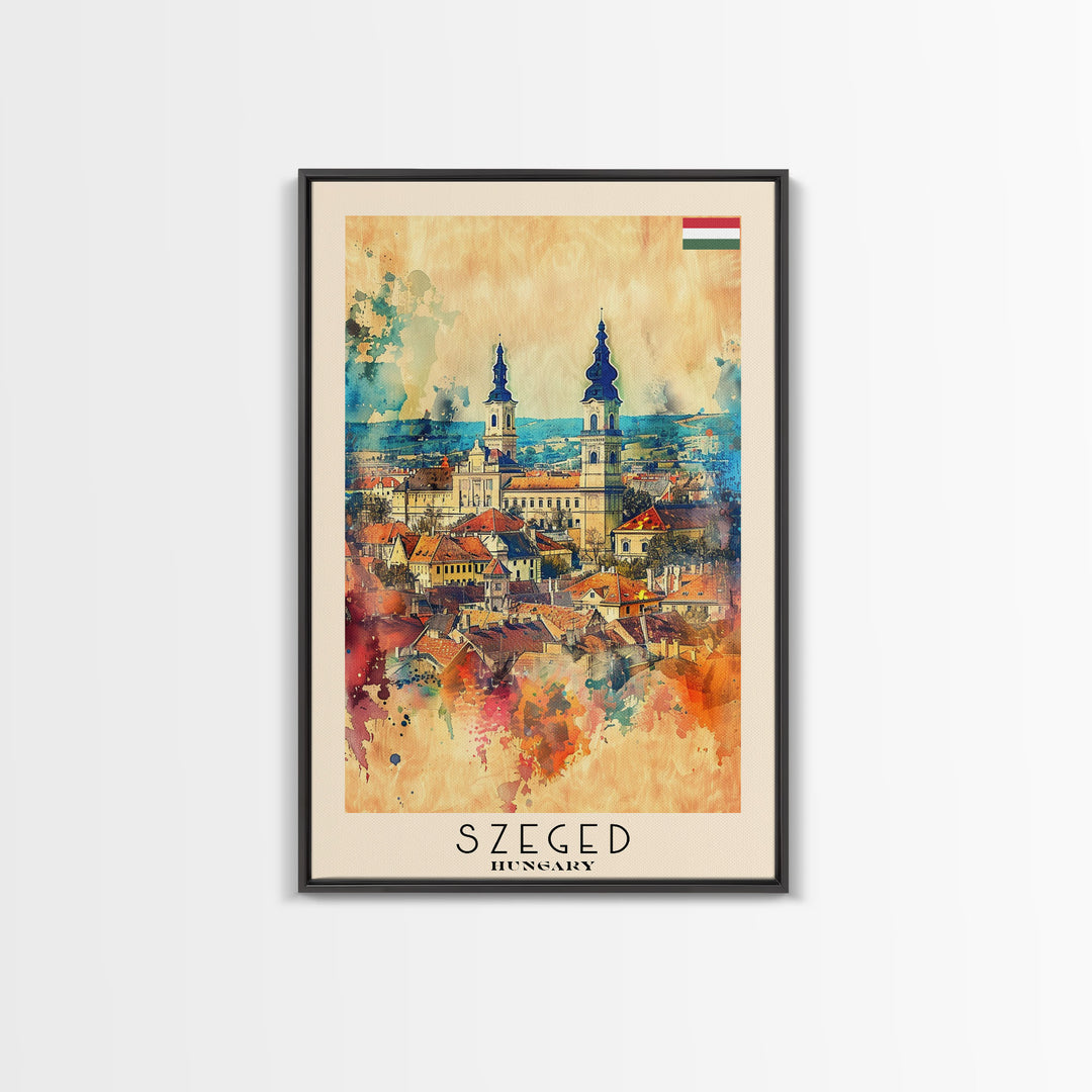 Szeged Hungary Travel Poster Framed Canvas Print, Watercolor Painting, Scenic Wall Art, Home Decor, Hungarian Cityscape, Vibrant Art