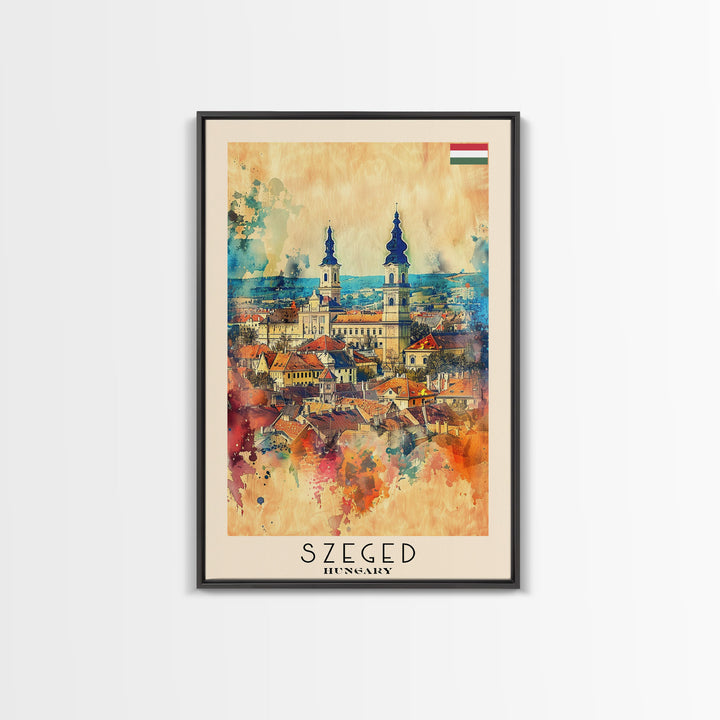 Szeged Hungary Travel Poster Framed Canvas Print, Watercolor Painting, Scenic Wall Art, Home Decor, Hungarian Cityscape, Vibrant Art