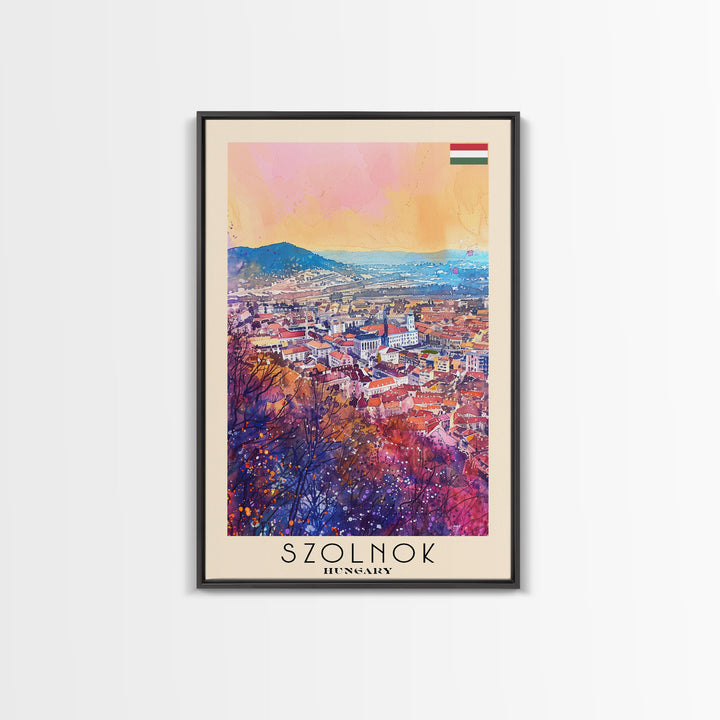 Szolnok Hungary Travel Poster Framed Canvas Print, Watercolor Painting, Scenic Wall Art, Home Decor, Hungarian Landscape, Traditional Art