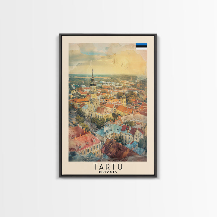 Tartu Estonia Travel Poster Framed Canvas Print, Watercolor Painting, Scenic Wall Art, Home Decor, Estonian Cityscape, Modern Decor