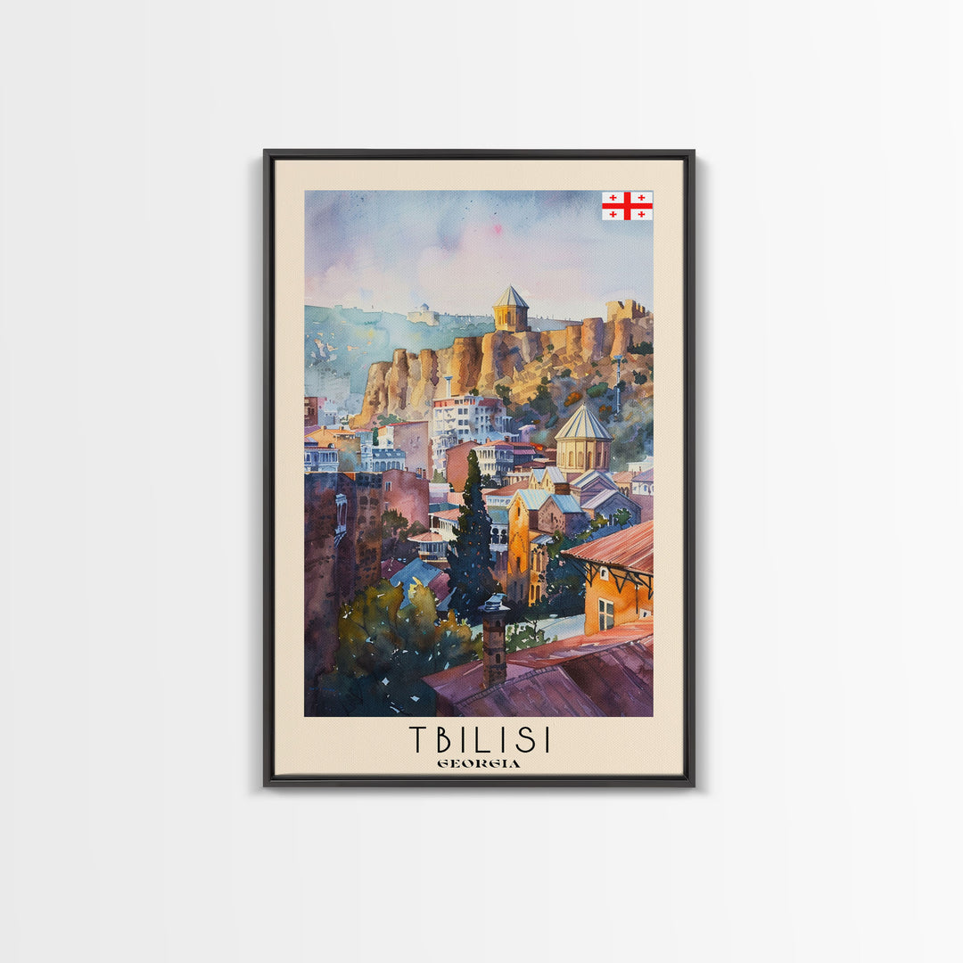 Tbilisi Georgia Travel Poster Framed Canvas Print, Watercolor Painting, Urban Wall Art, Home Decor, Georgian Cityscape, Artistic Decor
