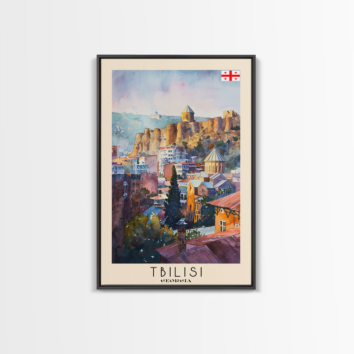 Tbilisi Georgia Travel Poster Framed Canvas Print, Watercolor Painting, Urban Wall Art, Home Decor, Georgian Cityscape, Artistic Decor