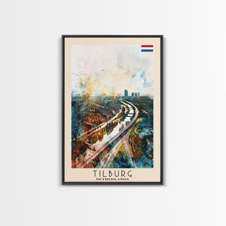 Tilburg Netherlands Travel Poster Framed Canvas Print, Watercolor Painting, Urban Wall Art, Home Decor, Dutch Cityscape, Trendy Decor