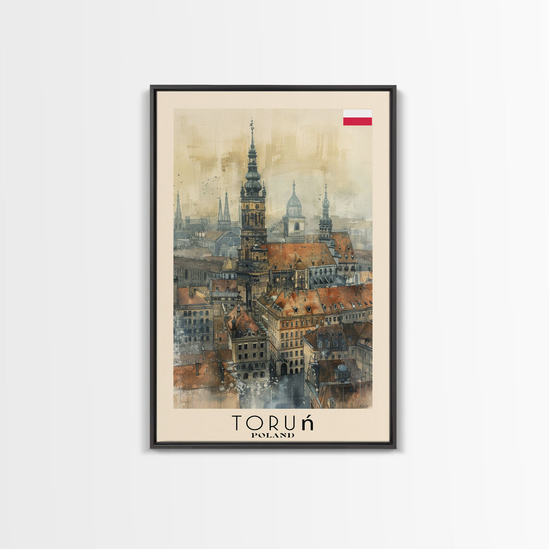 Torun Poland Travel Poster Framed Canvas Print, Watercolor Painting, Historic Wall Art, Home Decor, Polish Cityscape, Medieval Art