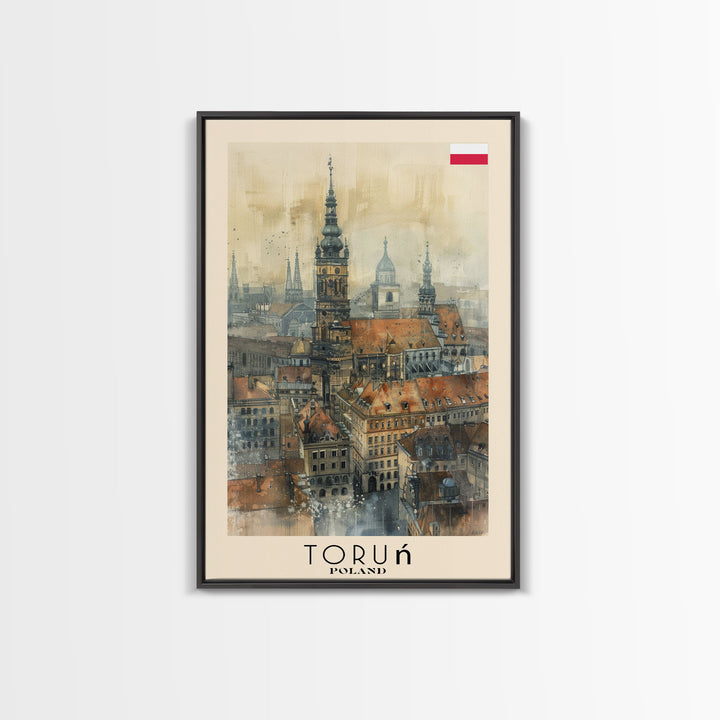 Torun Poland Travel Poster Framed Canvas Print, Watercolor Painting, Historic Wall Art, Home Decor, Polish Cityscape, Medieval Art