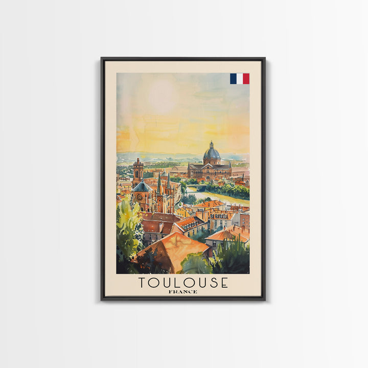 Toulouse France Travel Poster Framed Canvas Print, Watercolor Painting, Urban Wall Art, Home Decor, French Architecture, Stylish Decor