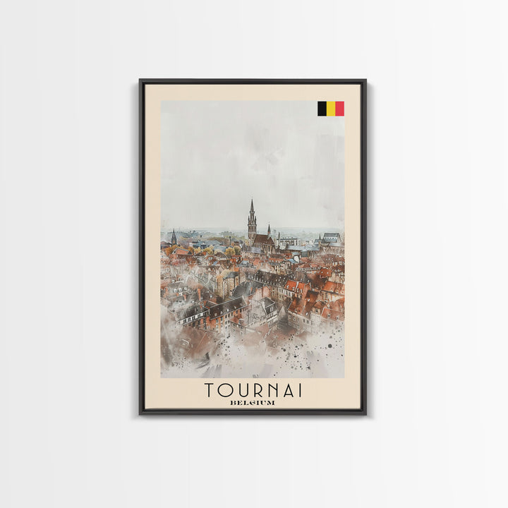Tournai Belgium Travel Poster Framed Canvas Print, Watercolor Painting, Historic Wall Art, Home Decor, Belgian Cityscape, Heritage Art
