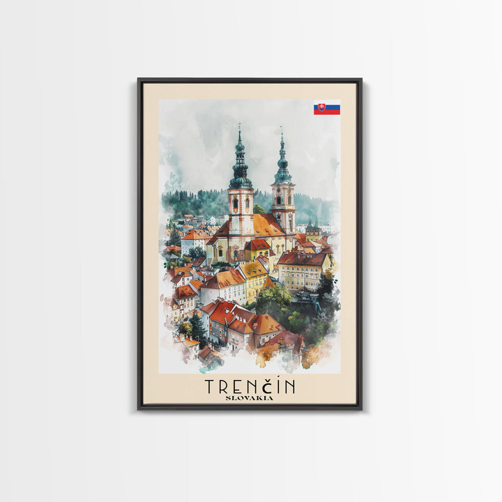 Trencin Slovakia Travel Poster Framed Canvas Print, Watercolor Painting, Scenic Wall Art, Home Decor, Slovakian Landscape, Alpine Decor
