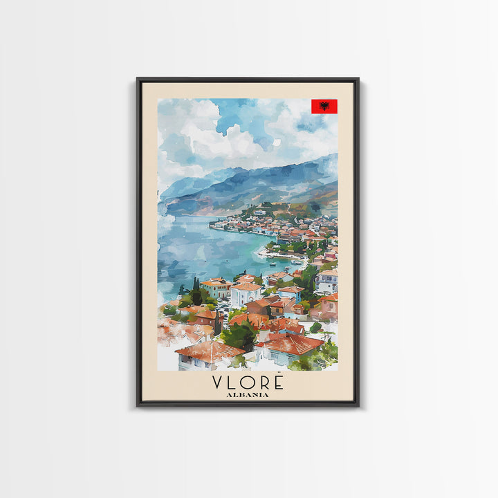 Vlor Albania Travel Poster Framed Canvas Print, Watercolor Painting, Scenic Wall Art, Home Decor, Albanian Landscape, Exotic Decor