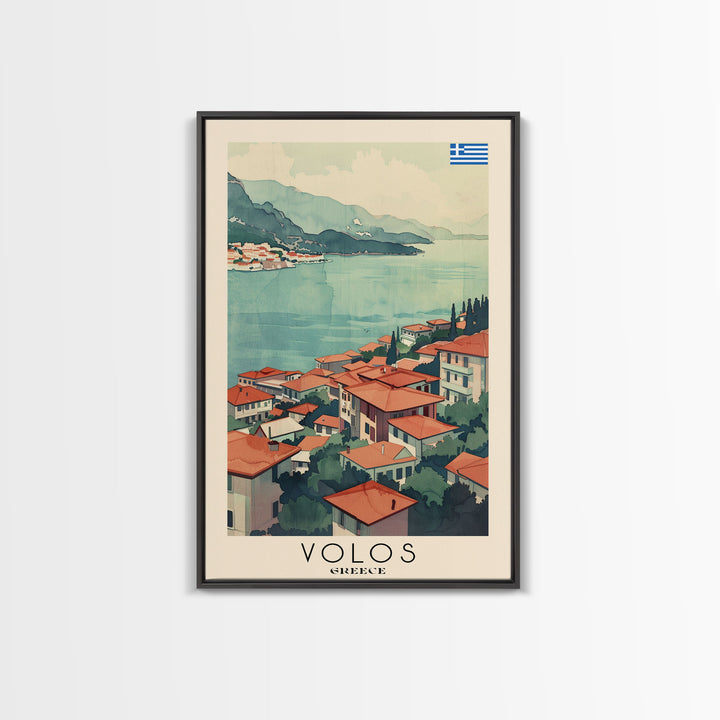 Volos Greece Travel Poster Framed Canvas Print, Watercolor Painting, Coastal Wall Art, Home Decor, Greek Seaside, Mediterranean Art