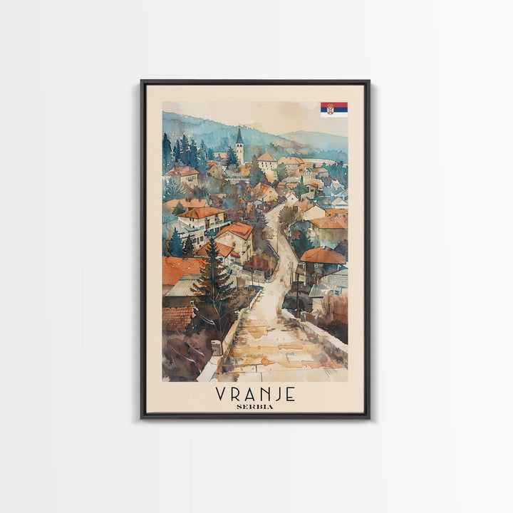 Vranje Serbia Travel Poster Framed Canvas Print, Watercolor Painting, Scenic Wall Art, Home Decor, Serbian Landscape, Traditional Art