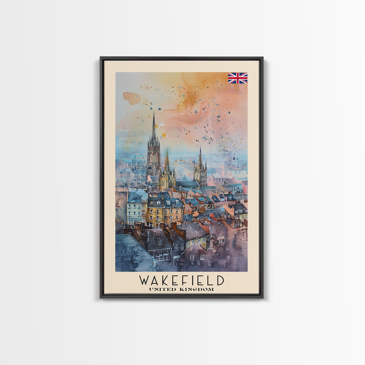 Wakefield United Kingdom Travel Poster Framed Canvas Print, Watercolor Painting, Urban Wall Art, Home Decor, British Cityscape, Elegant Decor