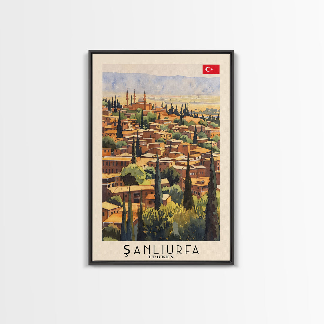 Historical Sanliurfa Panorama, Framed Canvas Print, Perfect for Bedroom Art, Travel Poster, Rustic Home Decoration, Watercolor Painting