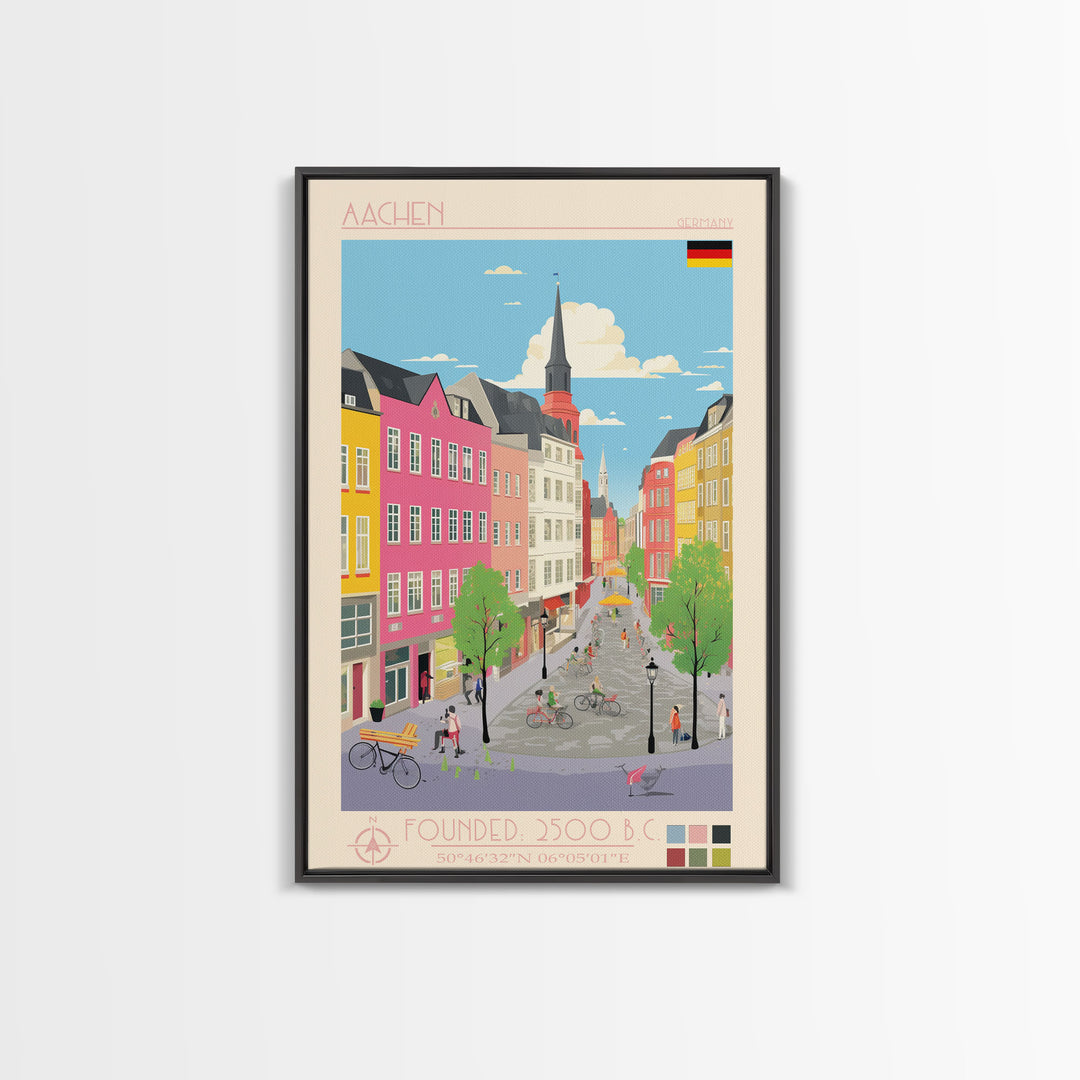 Aachen Germany Travel Poster Framed Canvas Print, Midcentury Modern Wall Art, Pop Art Home Decor, Vacation Gift, Living Room Art, Architectural Print