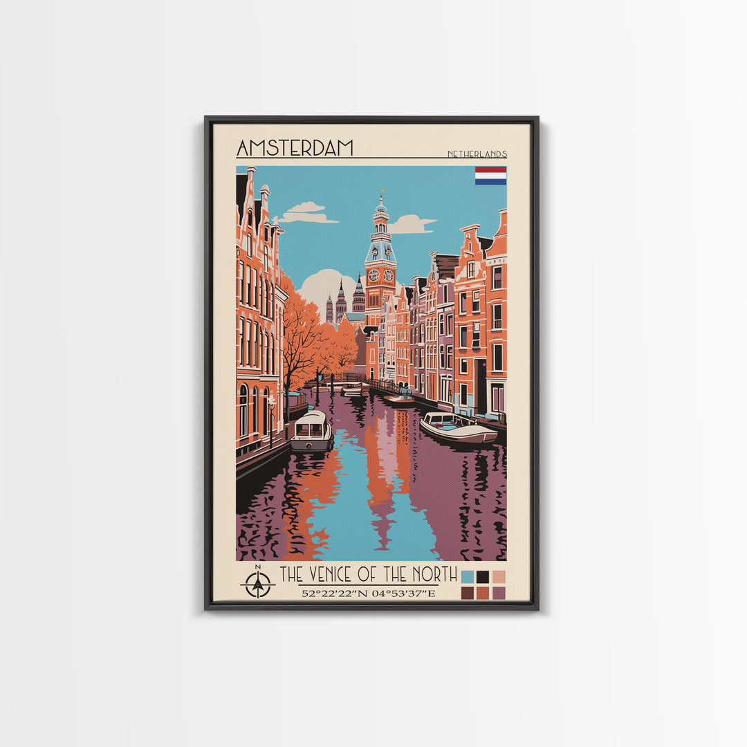 Amsterdam Netherlands Travel Poster Framed Canvas Print, Midcentury Modern Art, Pop Art Decor, Wall Art, Vacation Gift, Living Room Decoration, Scenic Print