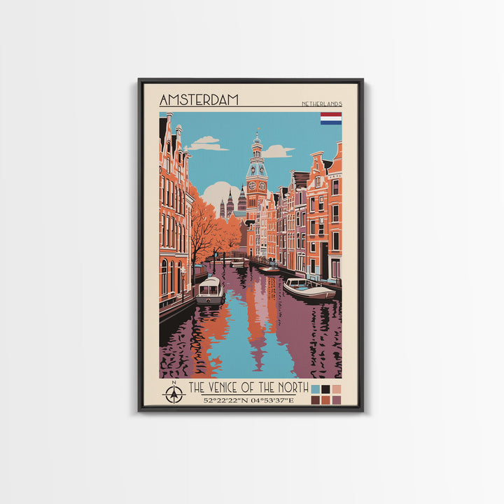 Amsterdam Netherlands Travel Poster Framed Canvas Print, Midcentury Modern Art, Pop Art Decor, Wall Art, Vacation Gift, Living Room Decoration, Scenic Print