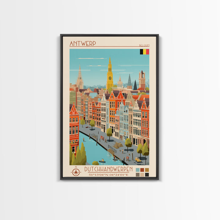 Antwerp Belgium Travel Poster Framed Canvas Print, Midcentury Modern Art, Pop Art Wall Decor, Home Decor, Vacation Gift, Living Room Art