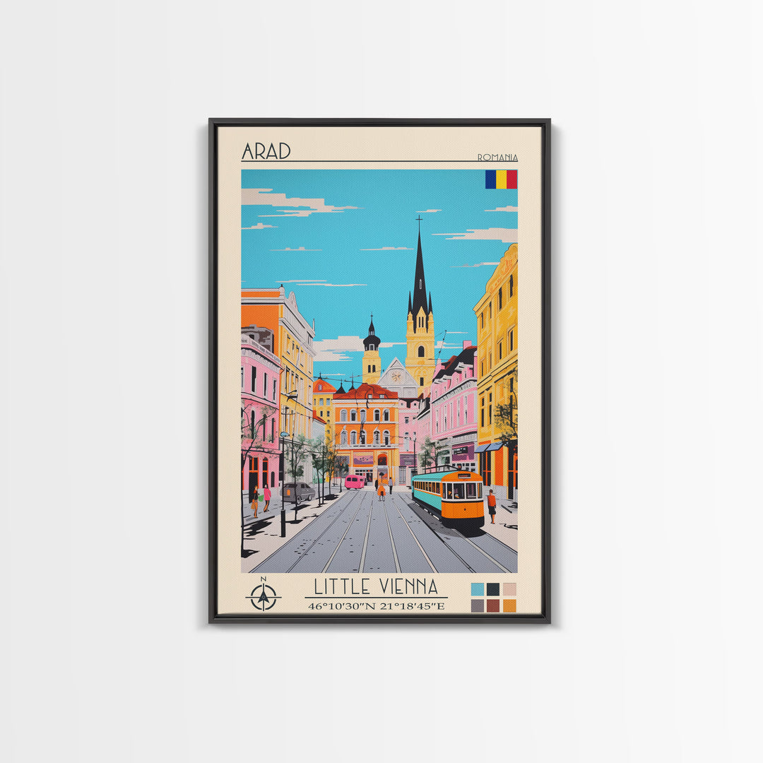 Arad Romania Travel Poster Framed Canvas Print, Midcentury Modern Art, Pop Art Wall Decor, Home Decor, Vacation Gift, Living Room Art