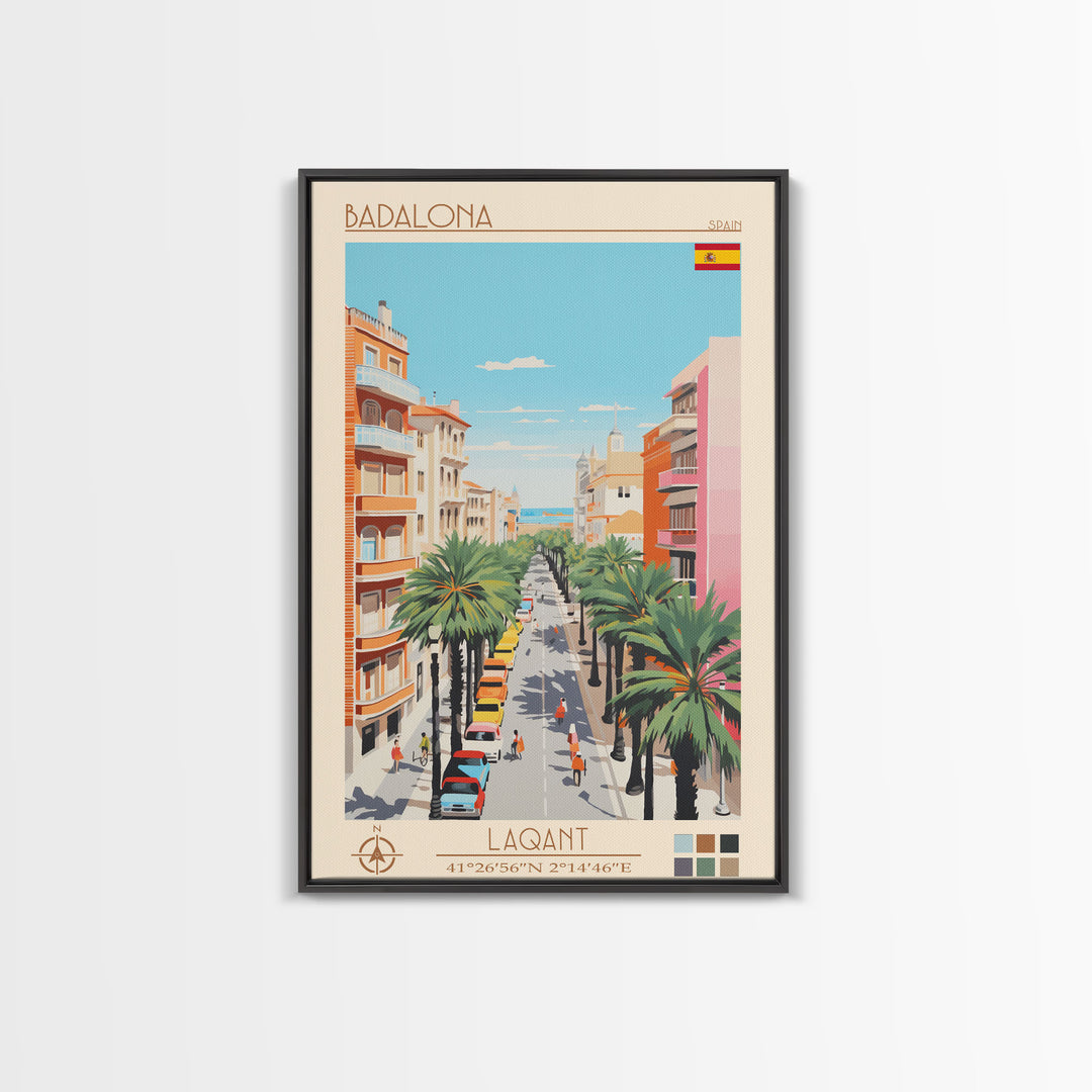 Badalona Spain Travel Poster Framed Canvas Print, Midcentury Modern Art, Pop Art Wall Decor, Home Decor, Vacation Gift, Living Room Art