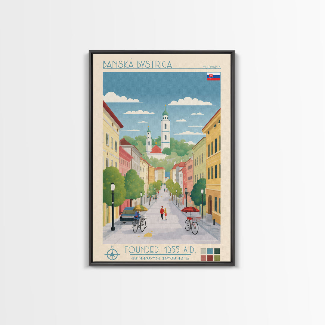 Banská Bystrica City in Slovakia Slovakia Travel Poster Framed Canvas Print, Midcentury Modern Art, Pop Art Wall Decor, Home Decor, Vacation Gift, Living Room Art